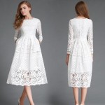 New 2017 Spring Fashion Hollow Out Elegant White Lace Elegant Party Dress High Quality Women Long Sleeve Casual Dresses H016