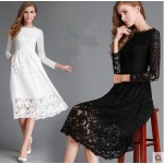 New 2017 Spring Fashion Hollow Out Elegant White Lace Elegant Party Dress High Quality Women Long Sleeve Casual Dresses H016