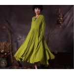 New 2017 spring autumn women's solid colors cotton linen big hem fashion dress long-sleeved big size vintage maxi dresses 950627