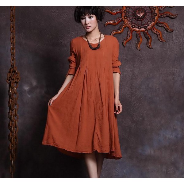 New 2017 spring autumn women's solid colors vintage cotton linen dress long sleeve big hem dress for female  S51283