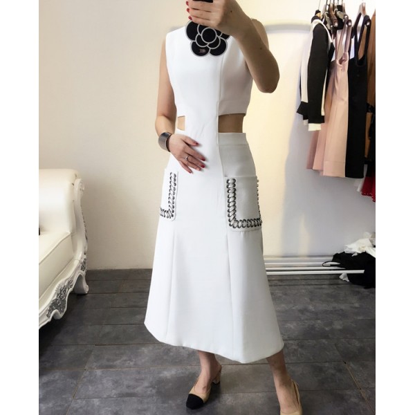 New 2017 spring summer fashion women girls cut out waist sexy dress novelty sleeveless patchwork PU pockets dresses white blue