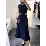 New 2017 spring summer fashion women girls cut out waist sexy dress novelty sleeveless patchwork PU pockets dresses white blue