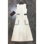 New 2017 spring summer fashion women girls cut out waist sexy dress novelty sleeveless patchwork PU pockets dresses white blue