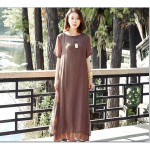New 2017 summer patchwork cotton linen round collar vintage dresses Women short-sleeved loose casual dress clothing  88000
