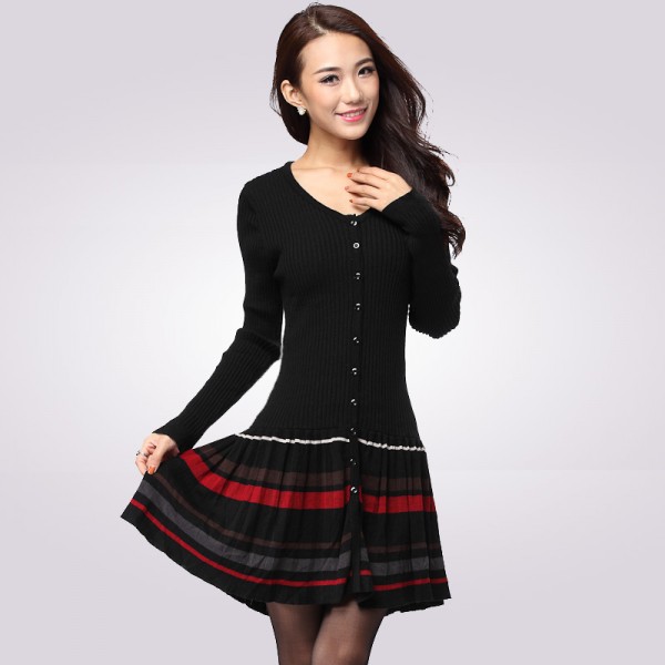 New 2017 winter dress long-sleeve Plus size clothing one-piece dress Warm sheep wool knitted stripe pleated Casual dress