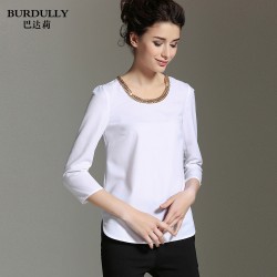 New 2017 women's chiffon blouse shirts irregular length metal chain collar blusa feminina elegant  pullover tops camisa  white