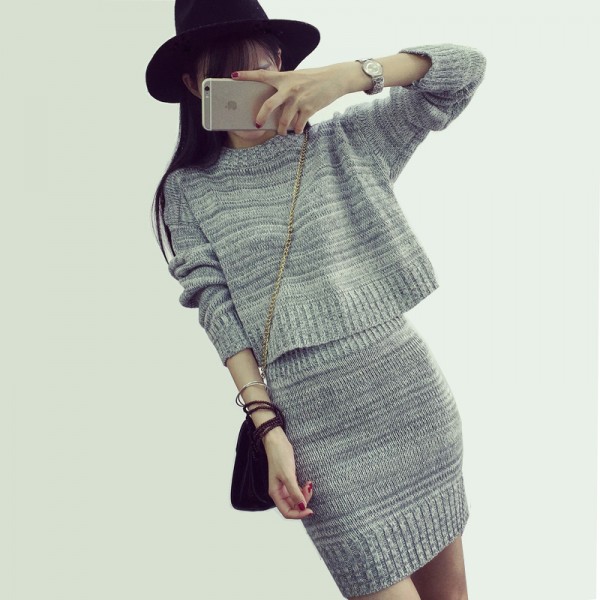 New Arrival 2 Piece Set Wool Knit Women Dress Autumn Winter Party Dresses Gray&Red Sexy Club Dress Long Sleeve Slim Elbise