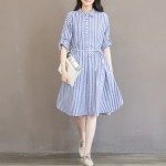 New Arrival 2016 Fashion Striped Long Sleeve Comfortable Cotton Linen Loose Casual Shirt Dress Plus Size Women Dresses  H243