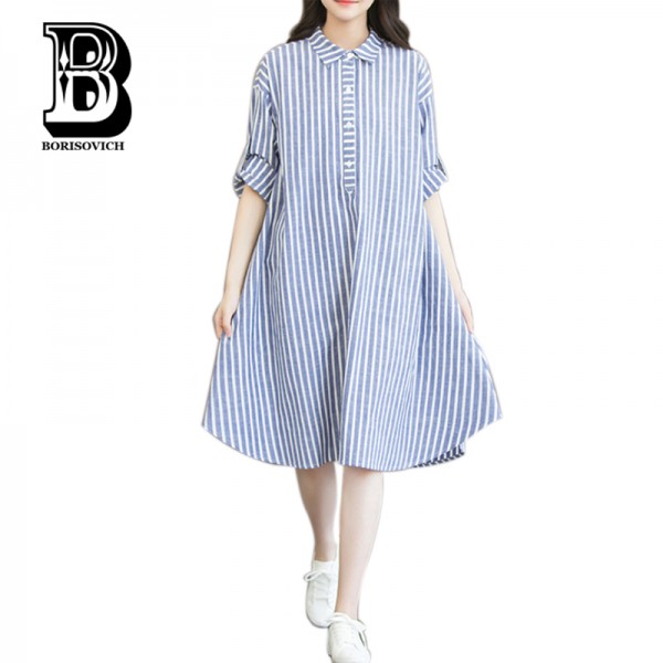 New Arrival 2016 Fashion Striped Long Sleeve Comfortable Cotton Linen Loose Casual Shirt Dress Plus Size Women Dresses  H243