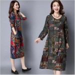 New Arrival 2017 Autumn Dresses Vintage Casual Robe Long Sleeve O-Neck Printed Dress Loose Cotton Linen Women Long Dress Vestido