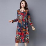 New Arrival 2017 Autumn Dresses Vintage Casual Robe Long Sleeve O-Neck Printed Dress Loose Cotton Linen Women Long Dress Vestido