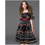 New Arrival 2017 Women's Square Neckline Short Sleeves Floral Printed Embroidery High Street Elegant Runway Dresses
