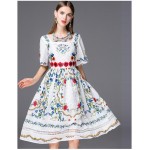 New Arrival 2017 Women's Square Neckline Short Sleeves Floral Printed Embroidery High Street Elegant Runway Dresses