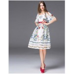 New Arrival 2017 Women's Square Neckline Short Sleeves Floral Printed Embroidery High Street Elegant Runway Dresses