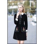 New Arrival 2018 Spring Women's Peter Pan Collar Long Sleeves Ruffles Beaded Embroidery Designer Dresses Fashion Velour Dresses