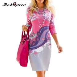 New Arrival Floral Dress Women 2017 Elegant Floral Print Army Green Women Dress Casual Long Sleeve Sheath Ladies Dresses Pink