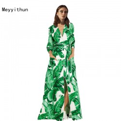 New Arrival Runway Amazing Green Banana Leaves Printed Loose Long Dress Maxi Dress  161008ZX01