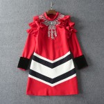 New Arrival Runway Red Long Sleeve Stretch Cotton Beaded Dress 150902YZ01