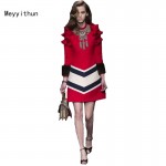 New Arrival Runway Red Long Sleeve Stretch Cotton Beaded Dress 150902YZ01