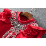 New Arrival Runway Red Long Sleeve Stretch Cotton Beaded Dress 150902YZ01
