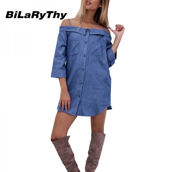 New Arrival Women Autumn Fashion Sexy Spaghetti Strap Blue Denim Mini Dress Slash Neck Loose Casual Dresses Vestidos Femininos