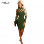 New Autumn Fashion Hollow out Long Bandage Sleeve Elegant Women Dress Back Cut out Sexy Party Night Club Wear