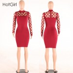 New Autumn Fashion Hollow out Long Bandage Sleeve Elegant Women Dress Back Cut out Sexy Party Night Club Wear