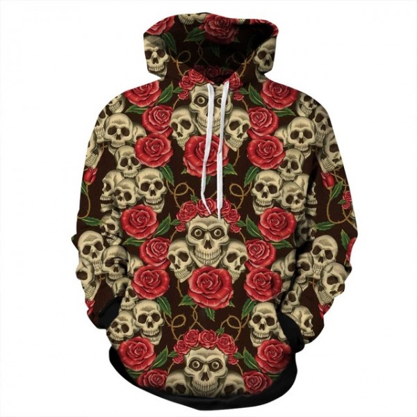 New Autumn Winter Fashion Men/women Hooded Hoodies Print Roses Flowers Skulls 3d Sweatshirt With Cap Hoody Tops