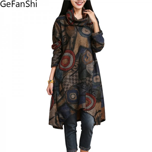 New Autumn Winter Fashion National Style Vintage Print Long Sleeve Loose Comfortable Women Casual Dress Plus Size Basic Dress