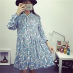 New Autumn Women casual leaf print dresses swallow check Turn-down collar Full sleeve straight dress Work Wear Female Dress