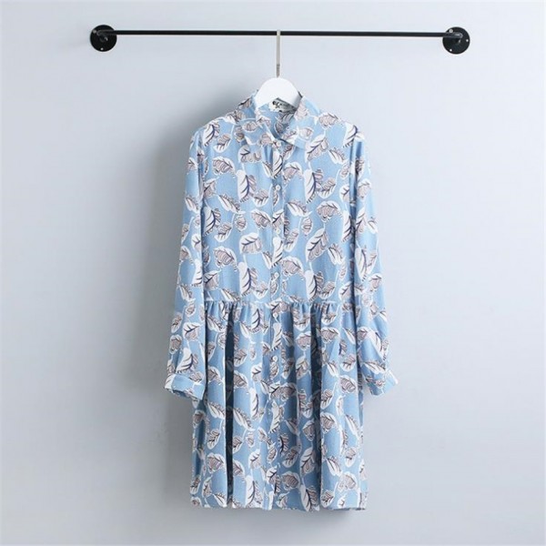 New Autumn Women casual leaf print dresses swallow check Turn-down collar Full sleeve straight dress Work Wear Female Dress