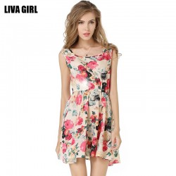 New Brand 2017 Summer Women Casual Print Dress Fashion Chiffon Sleeveless Elastic Waist Party Dresses Free Ship