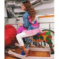 New Brand Sexy Feathers Patchwork Cartoon Letter Denim Jacket Russian Women Short Jacket