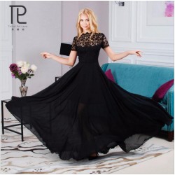 New Brand Summer Women Dress Black Elegant  vestido Fashion Chiffon Plus Size Dress For Women Hollow Lace Dress  #B0