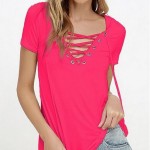 New European Fashion Lace Up Summer T Shirt Women Sexy V Neck Hollow Out Top Casual Short Sleeve Basic T-shirts  JL