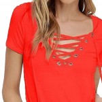 New European Fashion Lace Up Summer T Shirt Women Sexy V Neck Hollow Out Top Casual Short Sleeve Basic T-shirts  JL