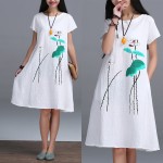 New Fashion 2016 Summer Arts style Womens Short sleeve Long Dress High Quality Ink Printing cotton linen Vintage Dress E610