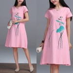 New Fashion 2016 Summer Arts style Womens Short sleeve Long Dress High Quality Ink Printing cotton linen Vintage Dress E610