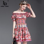 New Fashion 2017 Runway Designer Summer Dress Women's Off the Shoulder Slash neck Charming Sexy Rose Floral Printed Short Dress