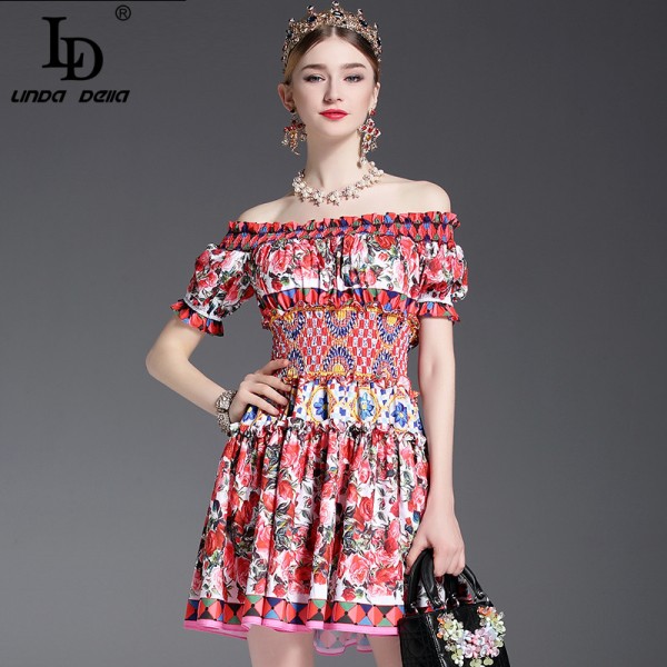 New Fashion 2017 Runway Designer Summer Dress Women's Off the Shoulder Slash neck Charming Sexy Rose Floral Printed Short Dress