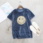 New Fashion 2017 Spring Summer Cute Smile Pattern Velvet T Shirt Women Tops Short Sleeve Loose Oversize Women's tshirts Tees p35