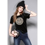 New Fashion 2017 Spring Summer Cute Smile Pattern Velvet T Shirt Women Tops Short Sleeve Loose Oversize Women's tshirts Tees p35