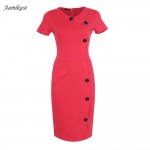 New Fashion European & America Summer Women O-Neck Short Sleeve Knee-length Button Slim Wiggle Pencil Party Bodycon Dresses