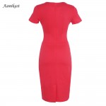 New Fashion European & America Summer Women O-Neck Short Sleeve Knee-length Button Slim Wiggle Pencil Party Bodycon Dresses