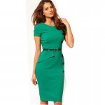 New Fashion European & America Summer Women O-Neck Short Sleeve Knee-length Button Slim Wiggle Pencil Party Bodycon Dresses