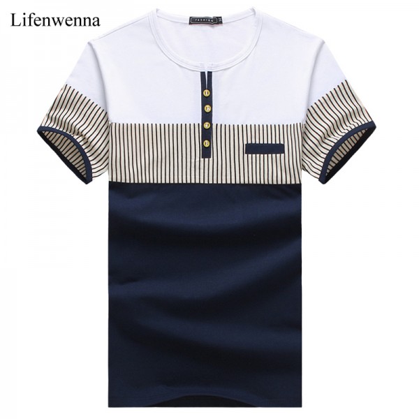 New Fashion Men's T Shirt Summer O-Neck Short Sleeve Stripe T-Shirt Mens Clothing Trend Casual Slim Fit Buttons Top Tees 5XL