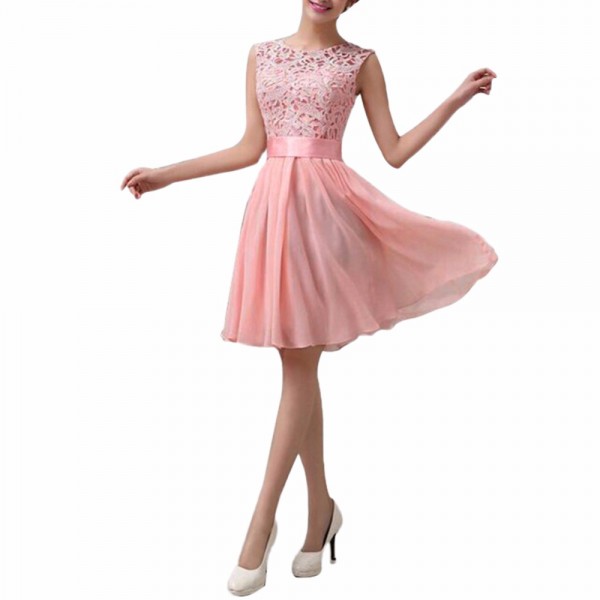 New Fashion Women Chiffon Lace Dress Sleeveless O Neck Solid Color Elegant Princess Party Dress Plus Size Robe Femme