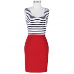 New Fashion Women Dress Sleeveless Square-Neck Hollowed Back Stripe Splicing 50s Rockabilly Striped Swing Office Summer Dress 