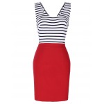 New Fashion Women Dress Sleeveless Square-Neck Hollowed Back Stripe Splicing 50s Rockabilly Striped Swing Office Summer Dress 