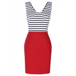 New Fashion Women Dress Sleeveless Square-Neck Hollowed Back Stripe Splicing 50s Rockabilly Striped Swing Office Summer Dress 